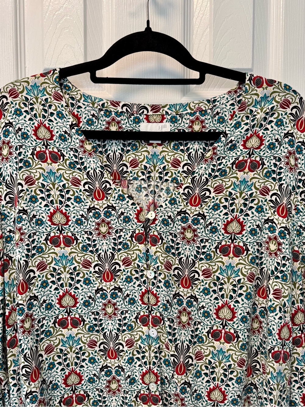 J. Jill Button-Front Floral Pomegranate Tunic Top Red and Teal Accents XL